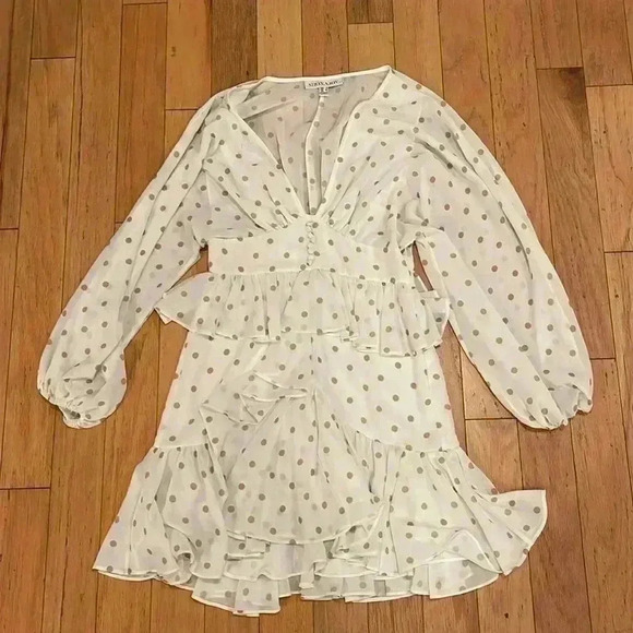 Shona Joy Sophia Dot Print Plunged V-Neck Ruffle Mini Peplum Dress SZ 4 - Picture 3 of 7